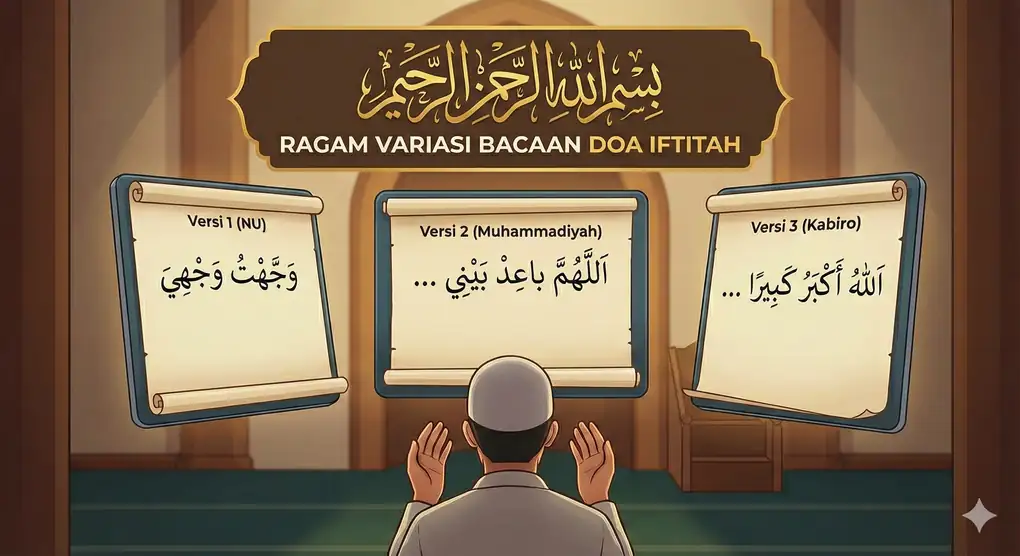 Infografis perbandingan tiga variasi bacaan doa iftitah: Versi NU (Wajjahtu wajhiya), Versi Muhammadiyah (Allahumma ba'id baini), dan Versi Kabiro (Allahu akbar kabira) dalam teks Arab.