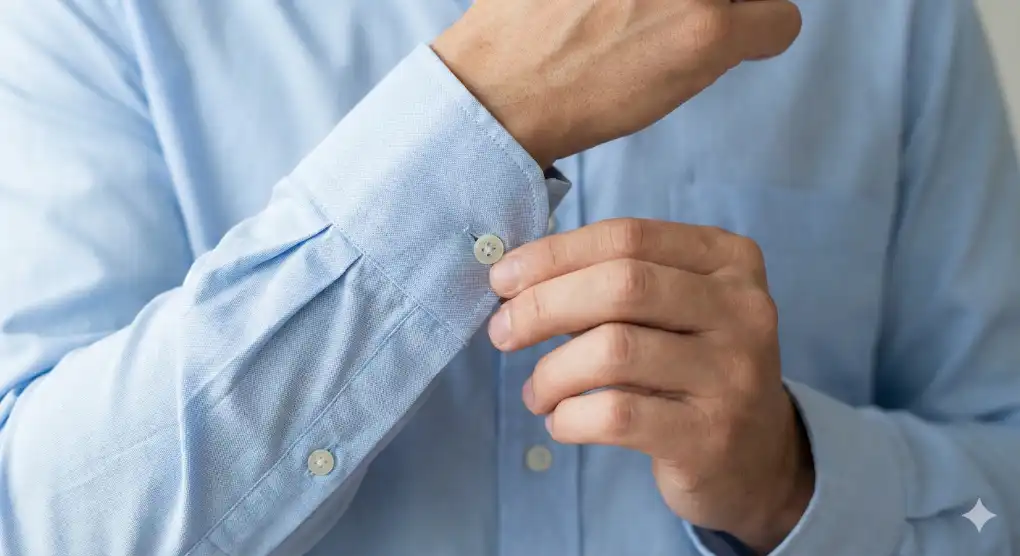 Foto close-up tangan kanan seseorang sedang mengancingkan lengan kemeja biru, ilustrasi adab mendahulukan kanan (at-tayamun).