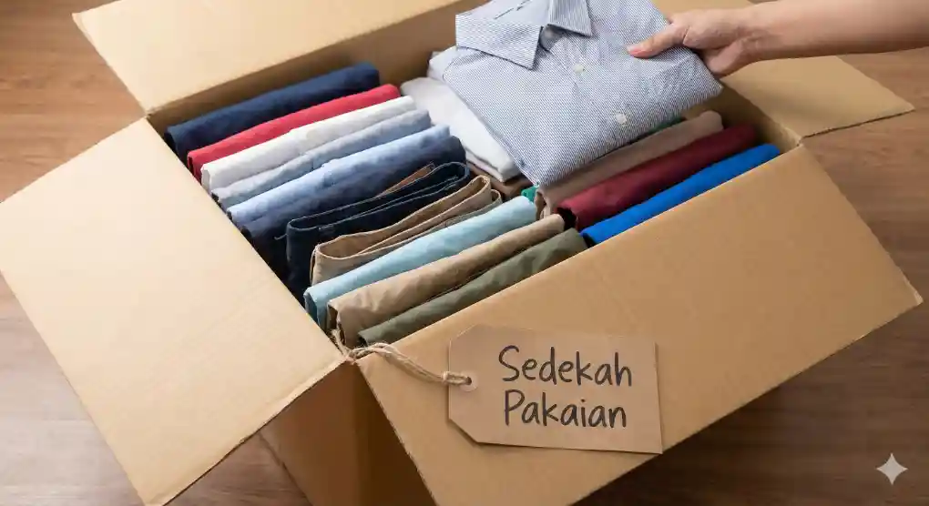 Kotak kardus terbuka berisi tumpukan pakaian bekas layak pakai yang terlipat rapi, dengan label bertuliskan "Sedekah Pakaian".