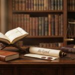 Foto still life di atas meja kayu antik di perpustakaan, menampilkan empat objek yang melambangkan sumber hukum Islam: kitab Al-Qur'an terbuka di atas rehal, buku kulit bertuliskan 'As-Sunnah', gulungan perkamen bertuliskan 'Al-Ijma'', dan timbangan kuningan di atas buku bertuliskan 'Al-Qiyas'. Cahaya hangat masuk dari jendela.