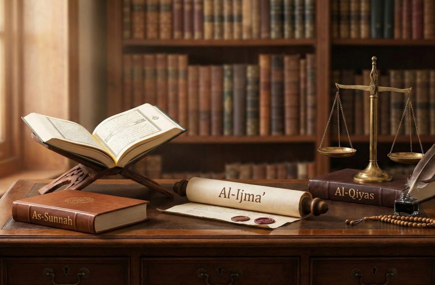 A still life photograph set on an antique wooden table within a library. It features four objects symbolizing the sources of Islamic law: an open Quran resting on a wooden bookstand (rehal), a leather-bound book inscribed with 'As-Sunnah', a parchment scroll bearing the text 'Al-Ijma'', and brass scales placed atop a book labeled 'Al-Qiyas'. Warm sunlight streams in from a window.