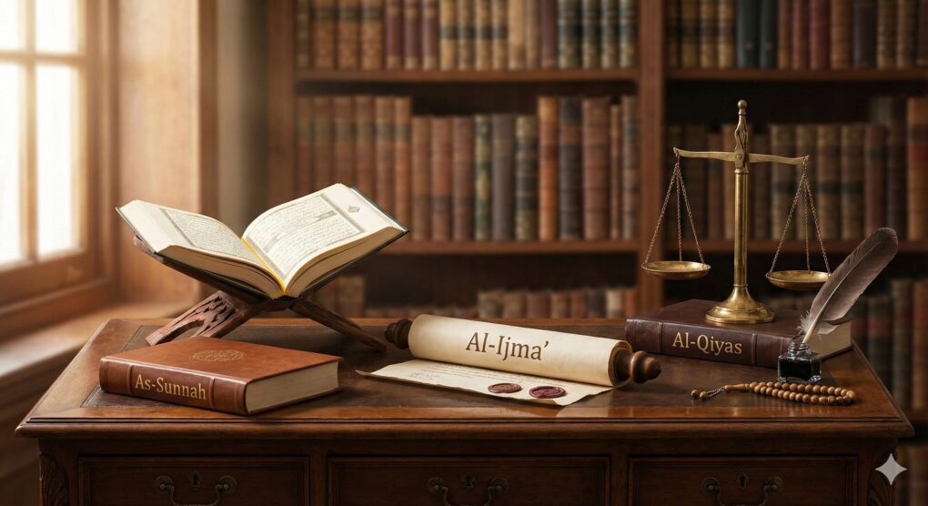 Foto still life di atas meja kayu antik di perpustakaan, menampilkan empat objek yang melambangkan sumber hukum Islam: kitab Al-Qur'an terbuka di atas rehal, buku kulit bertuliskan 'As-Sunnah', gulungan perkamen bertuliskan 'Al-Ijma'', dan timbangan kuningan di atas buku bertuliskan 'Al-Qiyas'. Cahaya hangat masuk dari jendela.