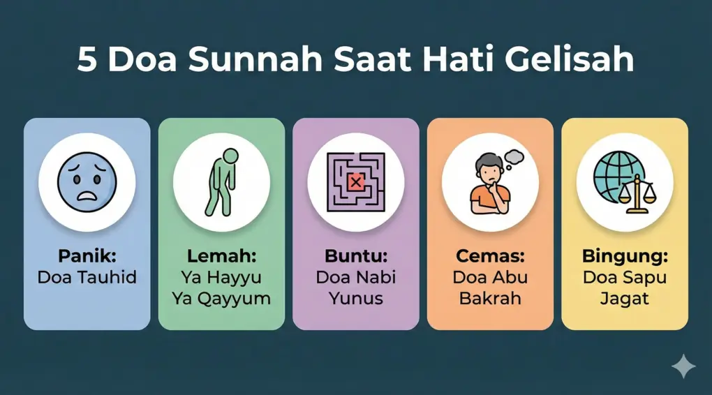 Infografis ringkasan 5 doa penghilang kesedihan sesuai sunnah.