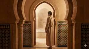 A Muslim man in traditional robes stands at the entrance of a steamy, architecturally distinctive hammam, pausing for reflection and adab before entering.