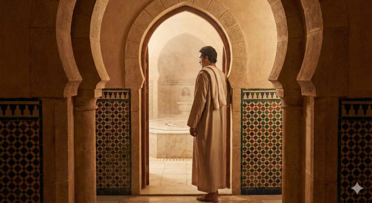 A Muslim man in traditional robes stands at the entrance of a steamy, architecturally distinctive hammam, pausing for reflection and adab before entering.
