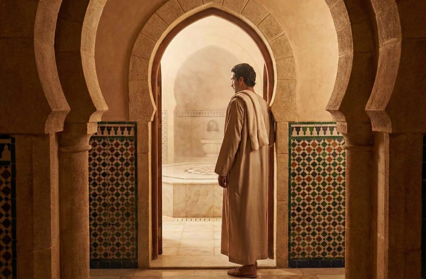 Seorang pria berpakaian jubah tradisional Muslim berdiri di ambang pintu pemandian umum (hammam) beruap dengan arsitektur Islam yang khas, mencerminkan adab dan refleksi sebelum masuk