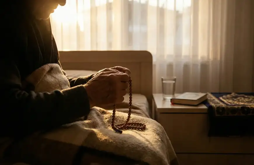 Home 11 Foto tangan orang sakit memegang tasbih berdoa memohon ampunan sebagai bentuk persiapan menghadapi kematian.