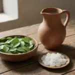 Perlengkapan memandikan jenazah terdiri dari air bersih dalam kendi, daun bidara segar di mangkuk kayu, dan kristal kapur barus di piring kecil, disiapkan di atas meja kayu dengan cahaya alami.