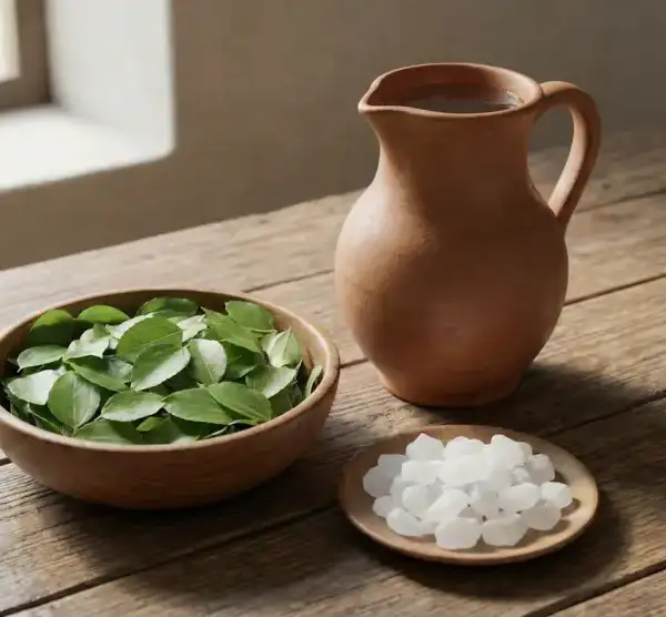 Perlengkapan memandikan jenazah terdiri dari air bersih dalam kendi, daun bidara segar di mangkuk kayu, dan kristal kapur barus di piring kecil, disiapkan di atas meja kayu dengan cahaya alami.