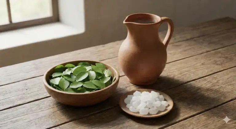 Ghusl Janazah essentials: a water pitcher, a wooden bowl of fresh Sidr leaves, and camphor crystals on a sunlit wooden table.