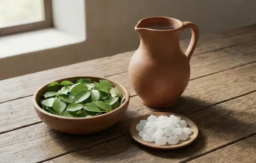 Perlengkapan memandikan jenazah terdiri dari air bersih dalam kendi, daun bidara segar di mangkuk kayu, dan kristal kapur barus di piring kecil, disiapkan di atas meja kayu dengan cahaya alami.