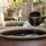 Tangan seseorang mengambil air wudhu dari ember tanah liat menggunakan gayung kayu.