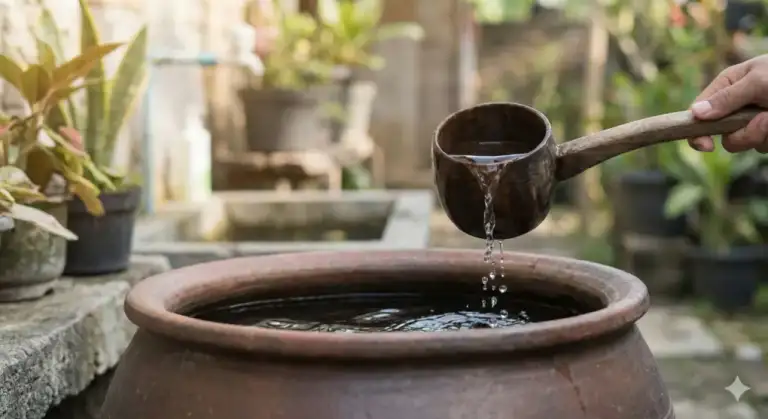 Tangan seseorang mengambil air wudhu dari ember tanah liat menggunakan gayung kayu.