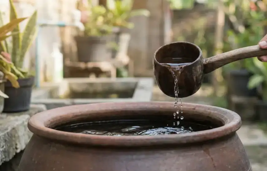 Home 23 Tangan seseorang mengambil air wudhu dari ember tanah liat menggunakan gayung kayu.