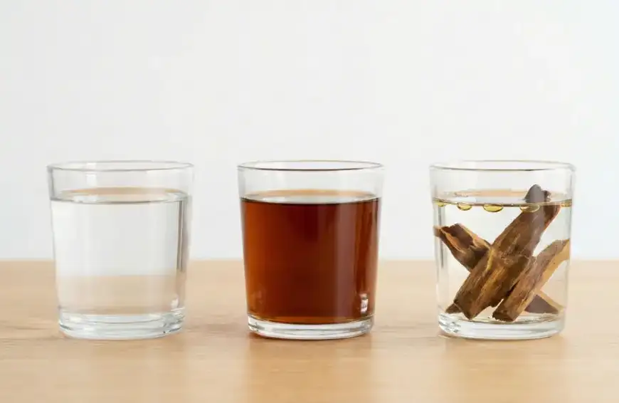 Home 21 Perbandingan tiga gelas berisi air mutlak, air berubah warna (teh), dan air bercampur minyak untuk ilustrasi fiqih air mutaghayyir.