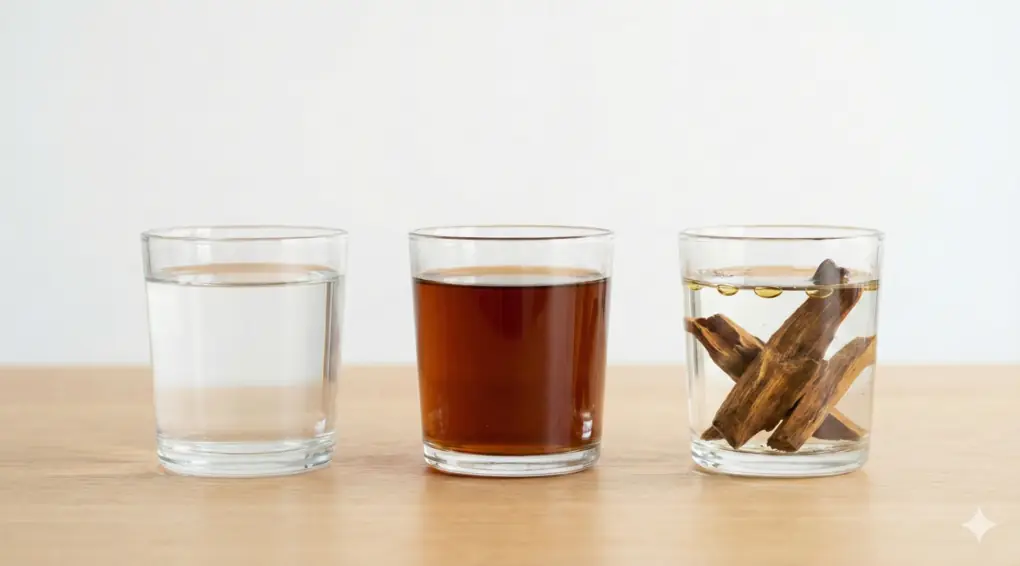 Perbandingan tiga gelas berisi air mutlak, air berubah warna (teh), dan air bercampur minyak untuk ilustrasi fiqih air mutaghayyir.