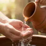 Tangan menampung air wudhu yang jernih dan suci dari kendi tanah liat tradisional.
