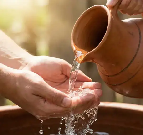 Tangan menampung air wudhu yang jernih dan suci dari kendi tanah liat tradisional.