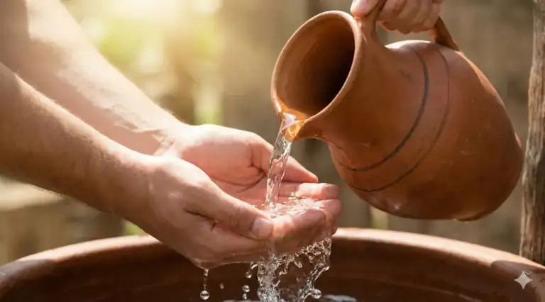 Tangan menampung air wudhu yang jernih dan suci dari kendi tanah liat tradisional.