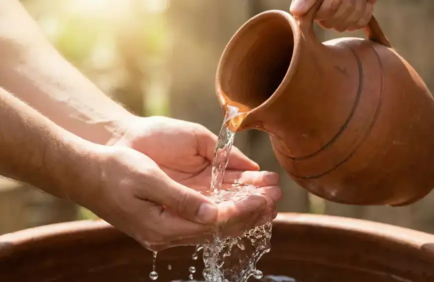 Tangan menampung air wudhu yang jernih dan suci dari kendi tanah liat tradisional.