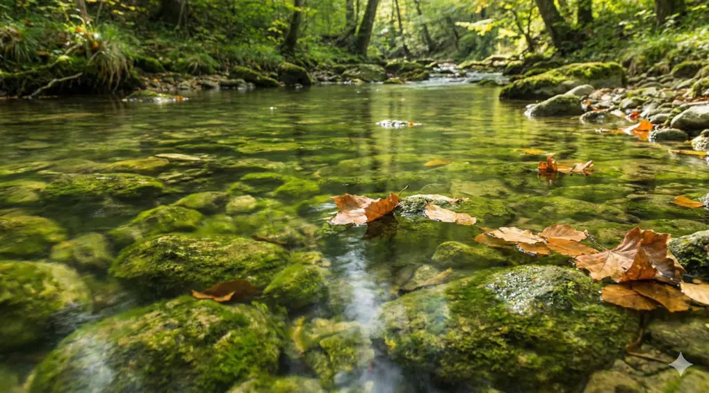 Sungai jernih di hutan dengan dasar berlumut dan daun-daun kering yang jatuh alami mengapung di permukaan.
