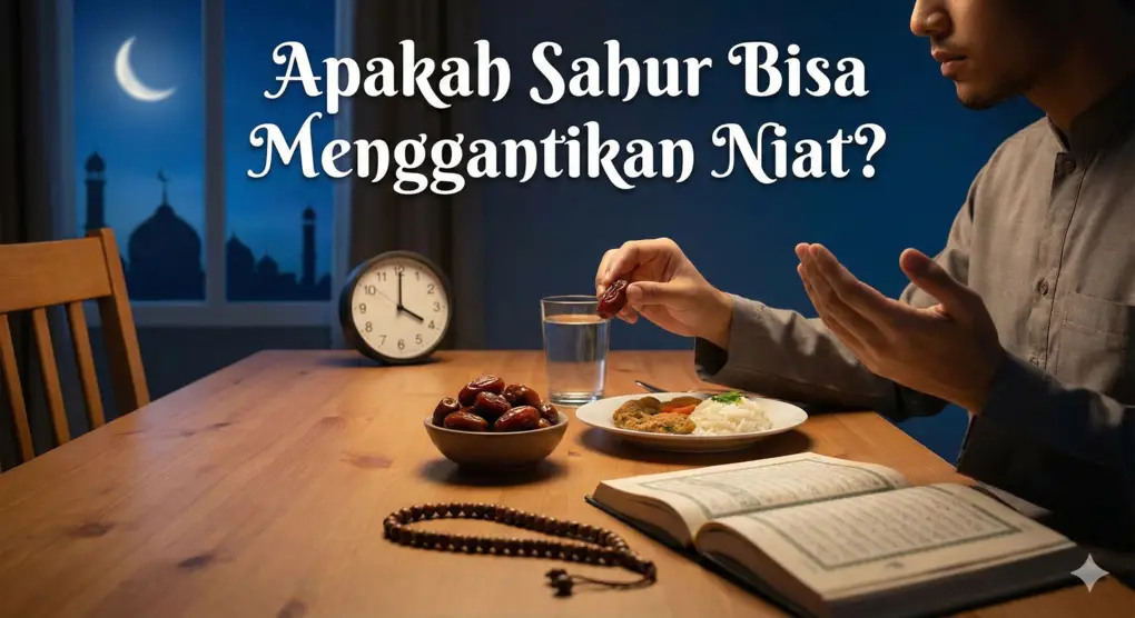 Ilustrasi seorang pria sedang makan sahur dengan kurma dan air putih sambil berdoa, dengan latar belakang jam dinding dan pemandangan masjid di malam hari. Teks judul di atasnya adalah pertanyaan 'Apakah Sahur Bisa Menggantikan Niat?'.