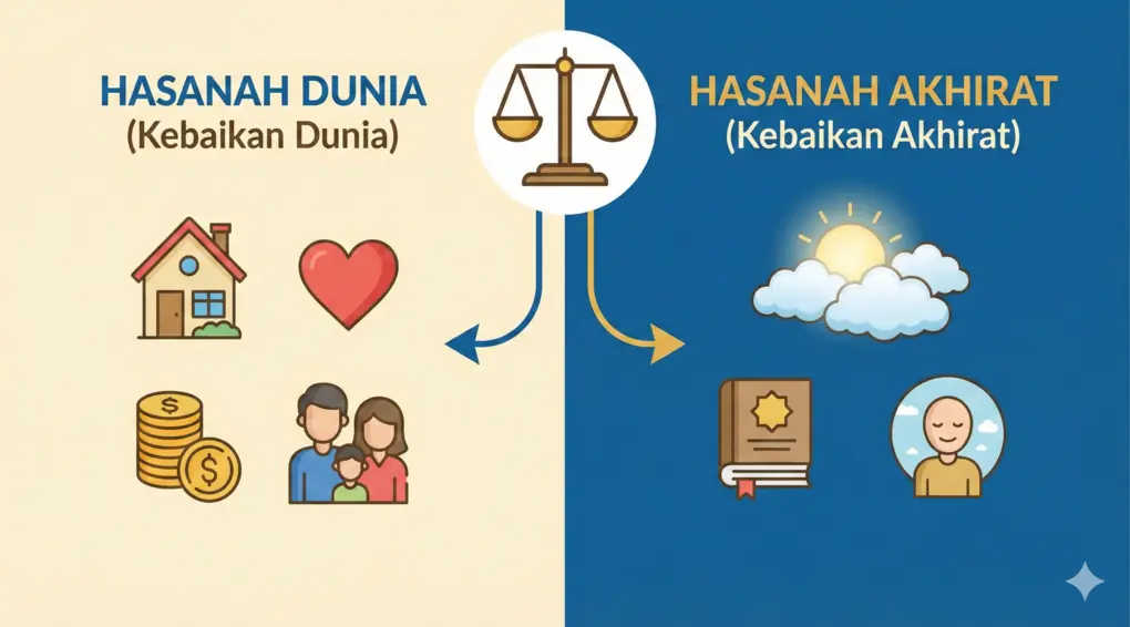 Infografis penjelasan makna hasanah dunia dan hasanah akhirat dalam doa sapu