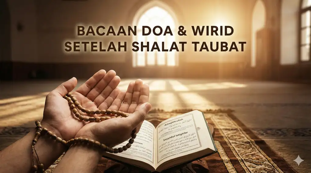 Ilustrasi tangan berdoa memegang tasbih dan buku doa terbuka yang menampilkan bacaan "Astaghfirullah" dan "Sayyidul Istighfar" di dalam masjid yang diterangi cahaya matahari hangat, sebagai gambar utama untuk bagian Bacaan Doa & Wirid Setelah Shalat Taubat.