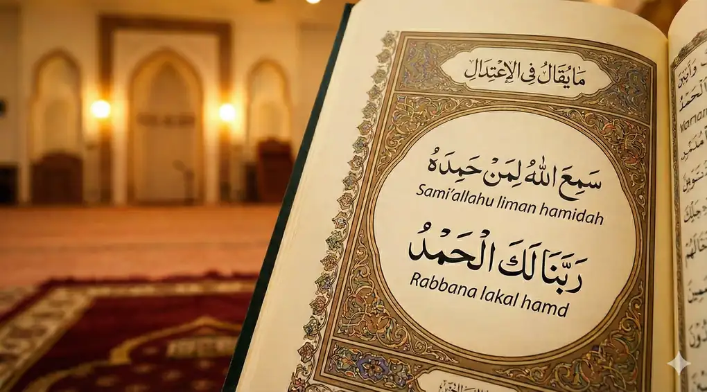 Ilustrasi ngaji kitab kuning di masjid dengan teks Arab "Sami'allahu liman hamidah" (Allah Menerima pujian orang yang memuji-Nya) dan judul "Ma yuqalu fil i'tidal".