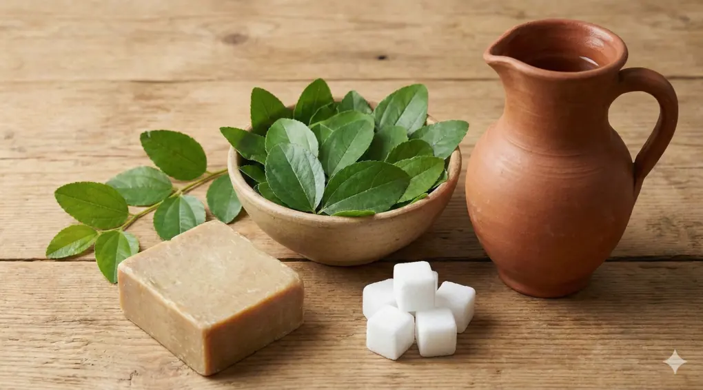 Foto close-up bahan-bahan alami untuk memandikan jenazah secara sempurna: daun bidara, sabun batang, dan kapur barus di atas meja kayu.