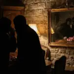 Ilustrasi metafora bahaya ghibah, menampilkan siluet dua orang berbisik di ruangan gelap dengan pantulan cermin yang menunjukkan mereka sedang memakan daging mentah.