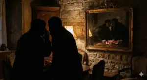 Home 11 An illustration metaphorically depicting the danger of *ghibah* (backbiting), showing the silhouettes of two people whispering in a dark room, with a mirror reflection revealing them eating raw flesh.