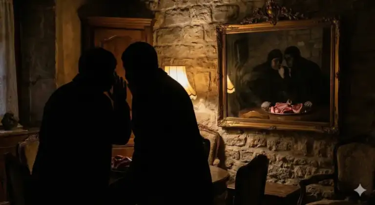 An illustration metaphorically depicting the danger of *ghibah* (backbiting), showing the silhouettes of two people whispering in a dark room, with a mirror reflection revealing them eating raw flesh.