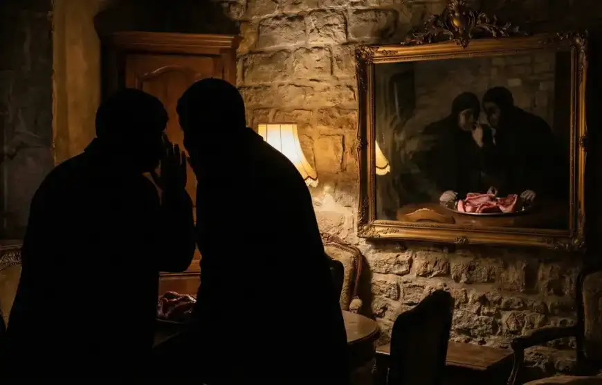 Home 23 Ilustrasi metafora bahaya ghibah, menampilkan siluet dua orang berbisik di ruangan gelap dengan pantulan cermin yang menunjukkan mereka sedang memakan daging mentah.