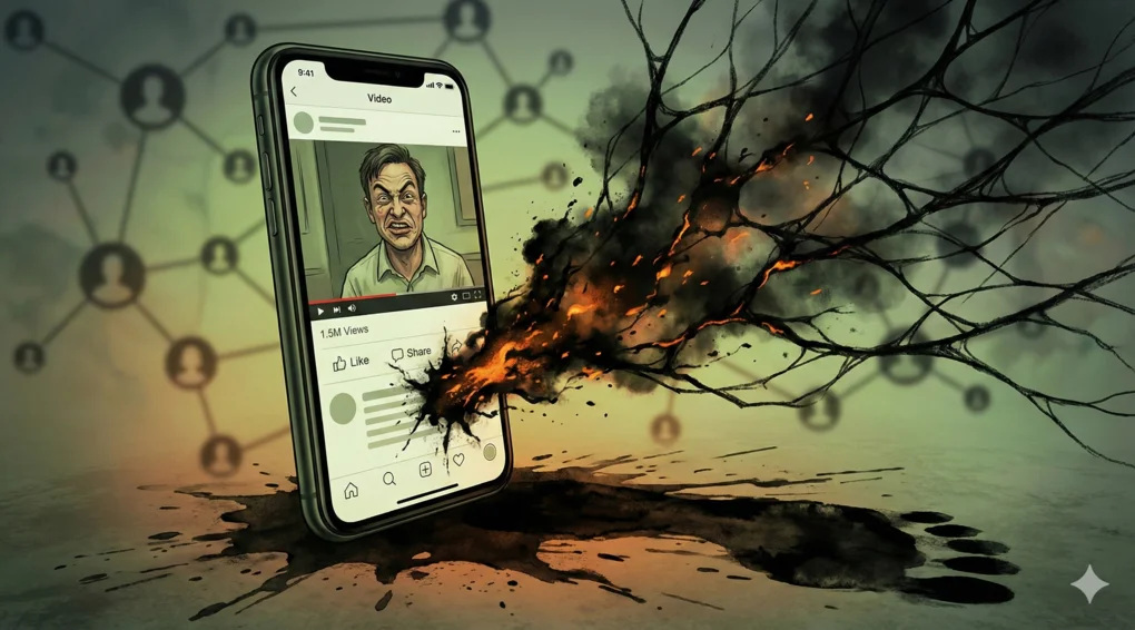 Ilustrasi konseptual sebuah smartphone yang menampilkan video parodi, dengan ikon "Share" yang menyebarkan noda hitam dan api digital, melambangkan jejak digital dan dosa jariyah.