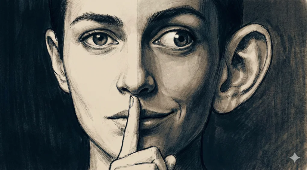 Ilustrasi konseptual wajah munafik, di mana mulut menyuruh diam dengan jari telunjuk (ssst) tetapi telinga digambarkan membesar ingin mendengar aib orang lain.