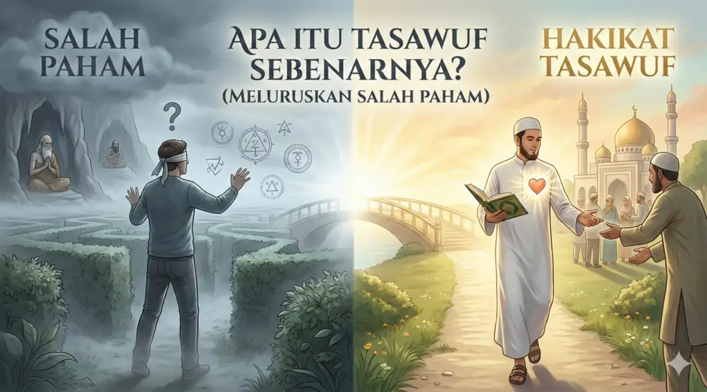 Mengapa Ilmu Tasawuf Itu Fardhu Ain? Rahasia Hati Tenang yang Sering Terlupakan 2 Ilustrasi perbandingan yang terbagi dua oleh jembatan. Kiri (Salah Paham): Pria bertutup mata di labirin berkabut mencoba meraih simbol mistis dan pertapa di gua. Kanan (Hakikat Tasawuf): Pria Muslim berhati bersinar memegang Al-Quran berjalan di jalan terang menuju masjid dan bersalaman dengan warga. Teks judul tengah: Apa Itu Tasawuf Sebenarnya? (Meluruskan Salah Paham).