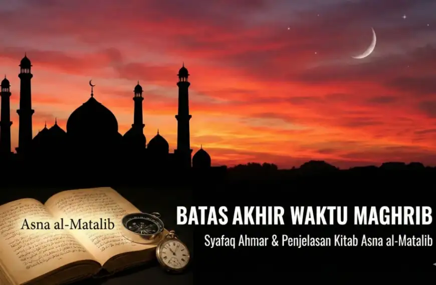 Ilustrasi utama blog yang menampilkan siluet masjid saat senja berwarna merah (syafaq ahmar), kitab Asna al-Matalib yang terbuka, kompas, dan jam saku, dengan teks judul "Batas Akhir Waktu Maghrib".