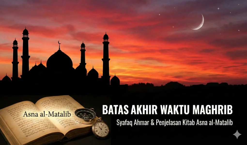 Ilustrasi utama blog yang menampilkan siluet masjid saat senja berwarna merah (syafaq ahmar), kitab Asna al-Matalib yang terbuka, kompas, dan jam saku, dengan teks judul "Batas Akhir Waktu Maghrib".