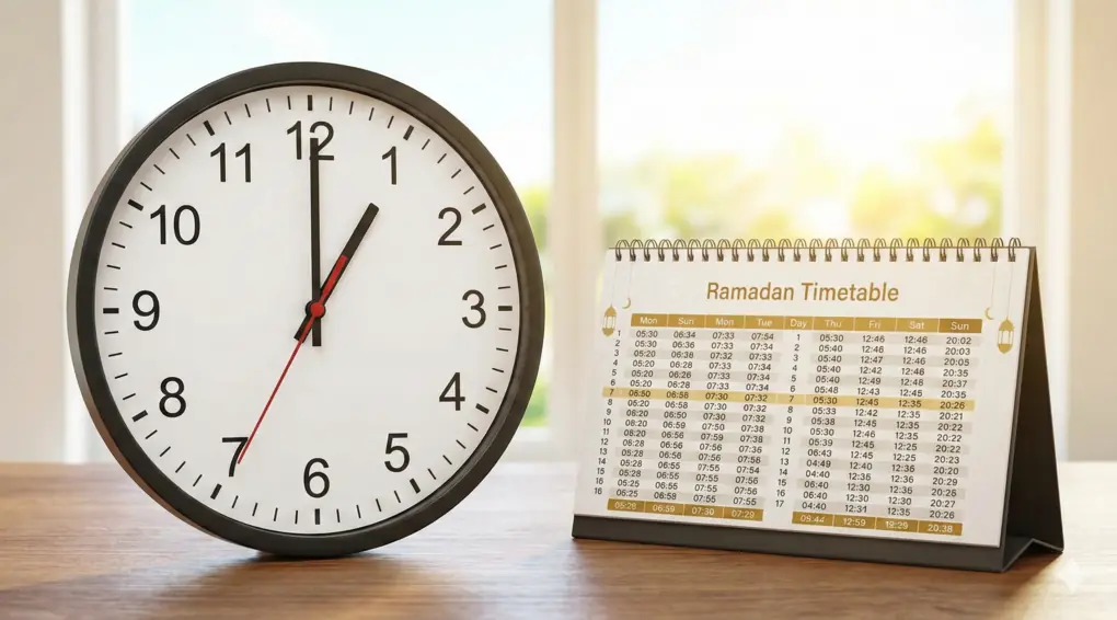 Jam analog menunjukkan waktu siang hari di samping kalender jadwal puasa Ramadhan di atas meja kayu.