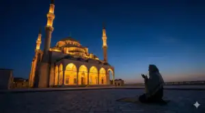 Home 3 An illustration of a person praying in the courtyard of a beautiful mosque at night, depicting the serene and devout atmosphere of the **Isha** prayer time.