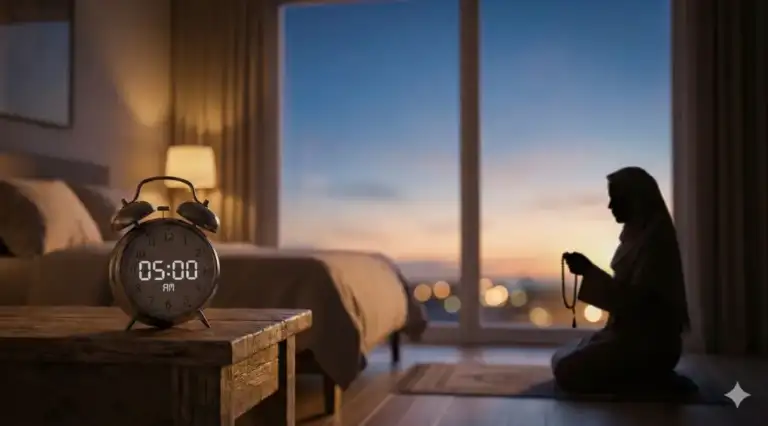 A Muslim woman performing the **Fajr prayer** in her bedroom at dawn, with an alarm clock on the table showing 5:00 a.m., illustrating the time limit for the prayer.