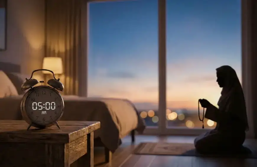 Home 17 Seorang Muslimah sholat subuh di kamar saat fajar, jam alarm di meja menunjukkan pukul 05.00 pagi, ilustrasi batas waktu sholat.