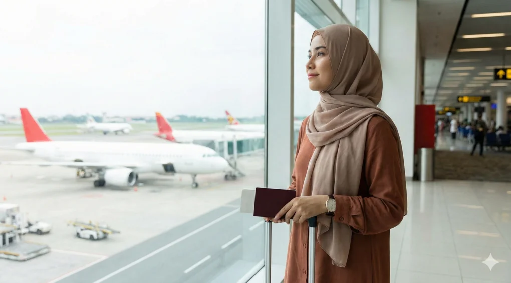 Ayat Kursi dan Dzikir Khusus Saat Anggota Keluarga Sakit atau Merantau 4 Seseorang sedang berdoa di bandara atau stasiun sebelum melakukan perjalanan jauh (merantau).