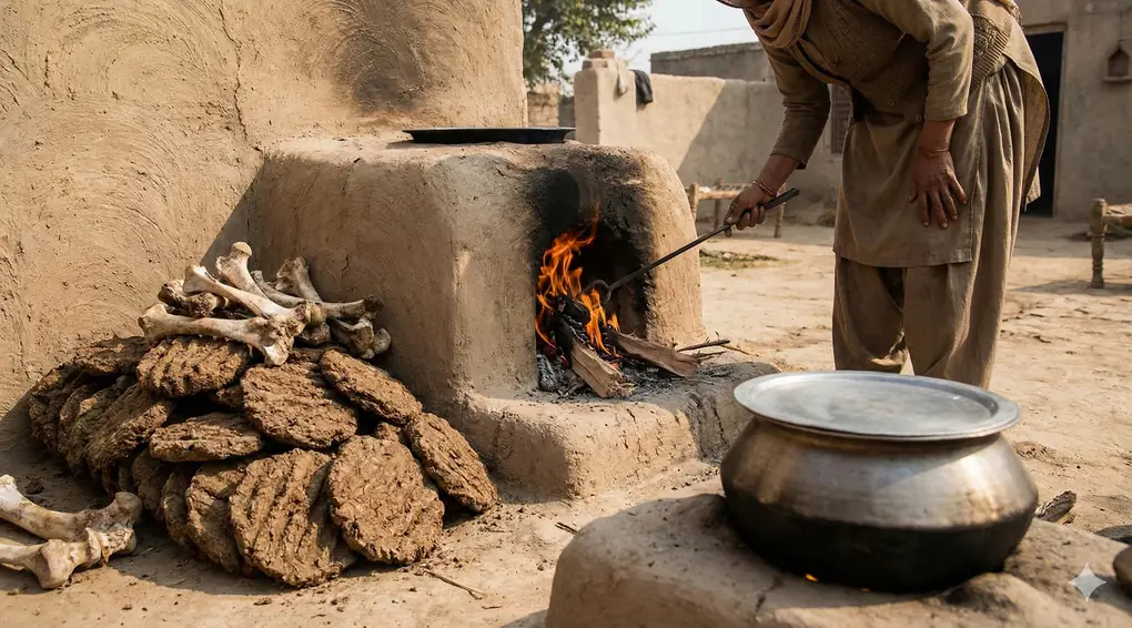 Seorang wanita di pedesaan sedang menyalakan api di tungku tanah liat tradisional. Di sebelahnya terdapat tumpukan kotoran sapi kering dan tulang hewan yang digunakan sebagai bahan bakar alternatif untuk memasak.