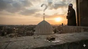 A silhouette illustration of a muezzin looking at a mosque dome at sunset, featuring a question mark-shaped cloud and a stack of coins on a stone wall. This image depicts the discussion surrounding the Islamic ruling on paying salaries to muezzins.