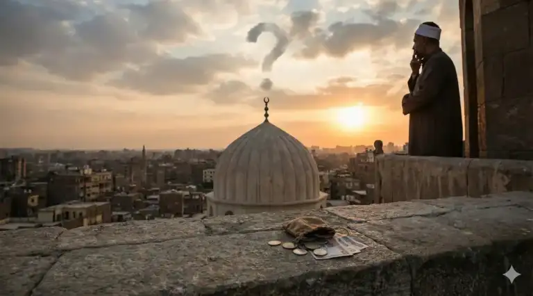A silhouette illustration of a muezzin looking at a mosque dome at sunset, featuring a question mark-shaped cloud and a stack of coins on a stone wall. This image depicts the discussion surrounding the Islamic ruling on paying salaries to muezzins.