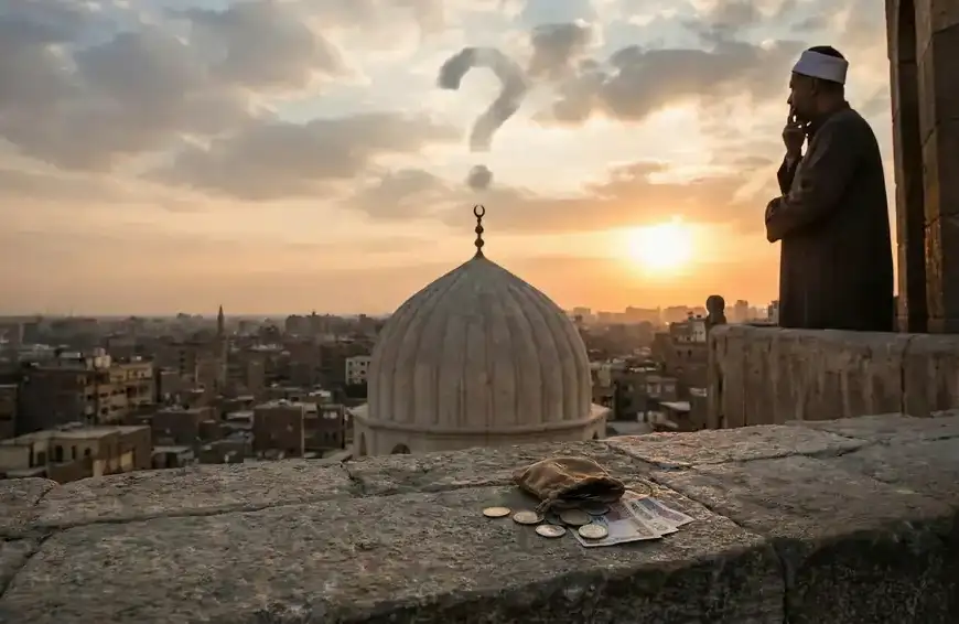 Ilustrasi siluet muadzin memandang kubah masjid saat senja dengan awan berbentuk tanda tanya, serta tumpukan uang koin di atas dinding batu, menggambarkan pembahasan hukum menggaji muadzin dalam Islam.