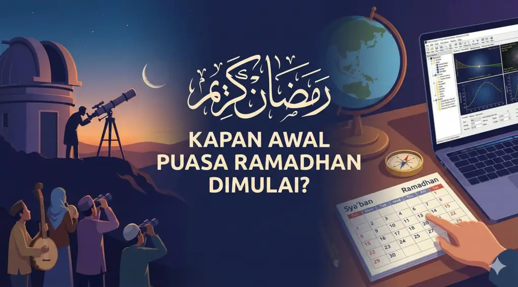Pemandangan bulan sabit atau hilal terlihat dari lengkungan jendela masjid di malam hari, ilustrasi metode penentuan kapan awal puasa Ramadhan dimulai.