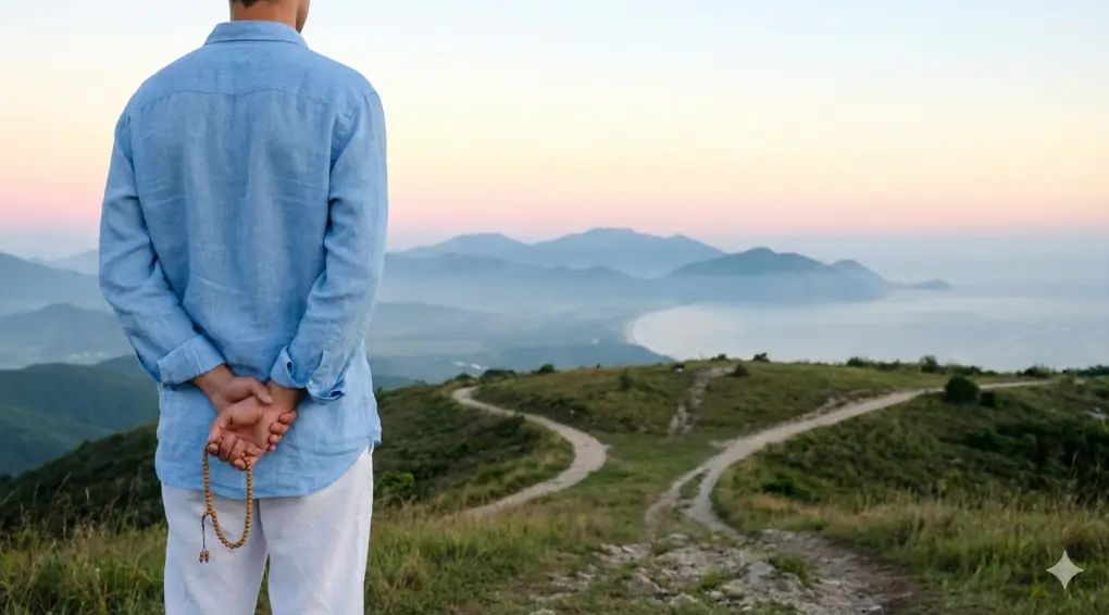 Seseorang berdiri menatap matahari terbit memegang tasbih, simbolisasi mencari jawaban sholat istikharah dan ketenangan hati.